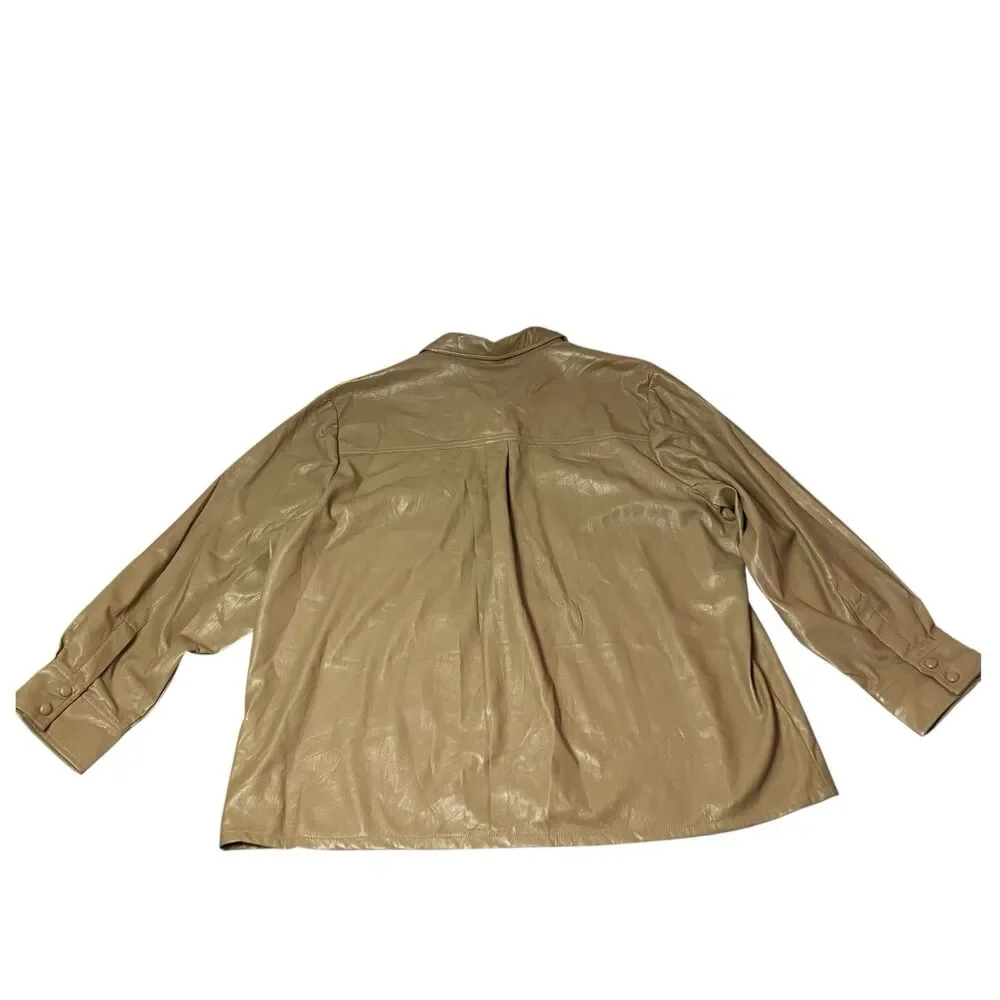 Good American Faux Leather Shirt Jacket Tan‎ Womens 7 Snap Front Overshirt